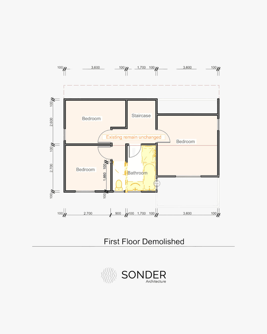 Existing first floor plan with three bedrooms, a staircase and the original bathroom