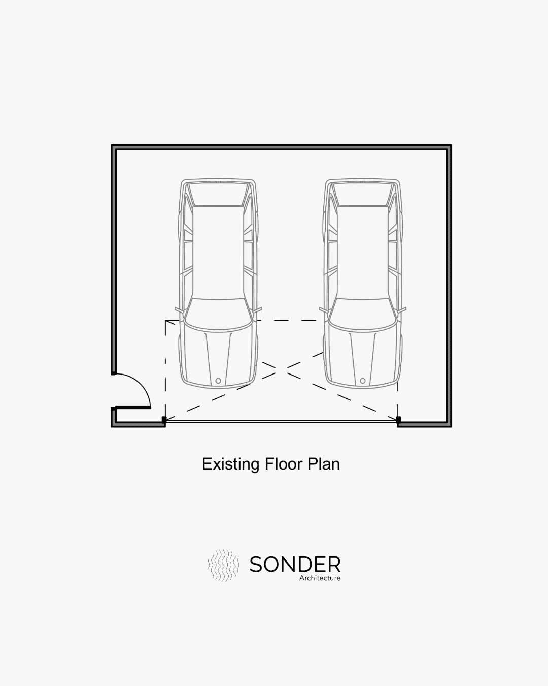 Existing floor plan of a double garage with two cars shown