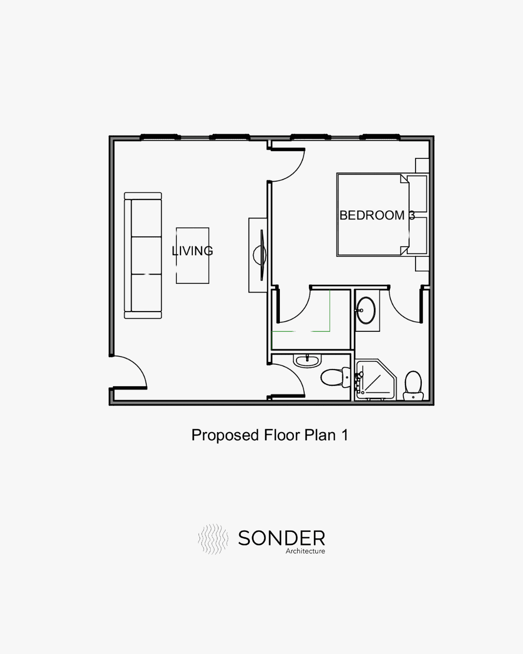 Proposed layout with the garage split into a living room, a third bedroom and a bathroom