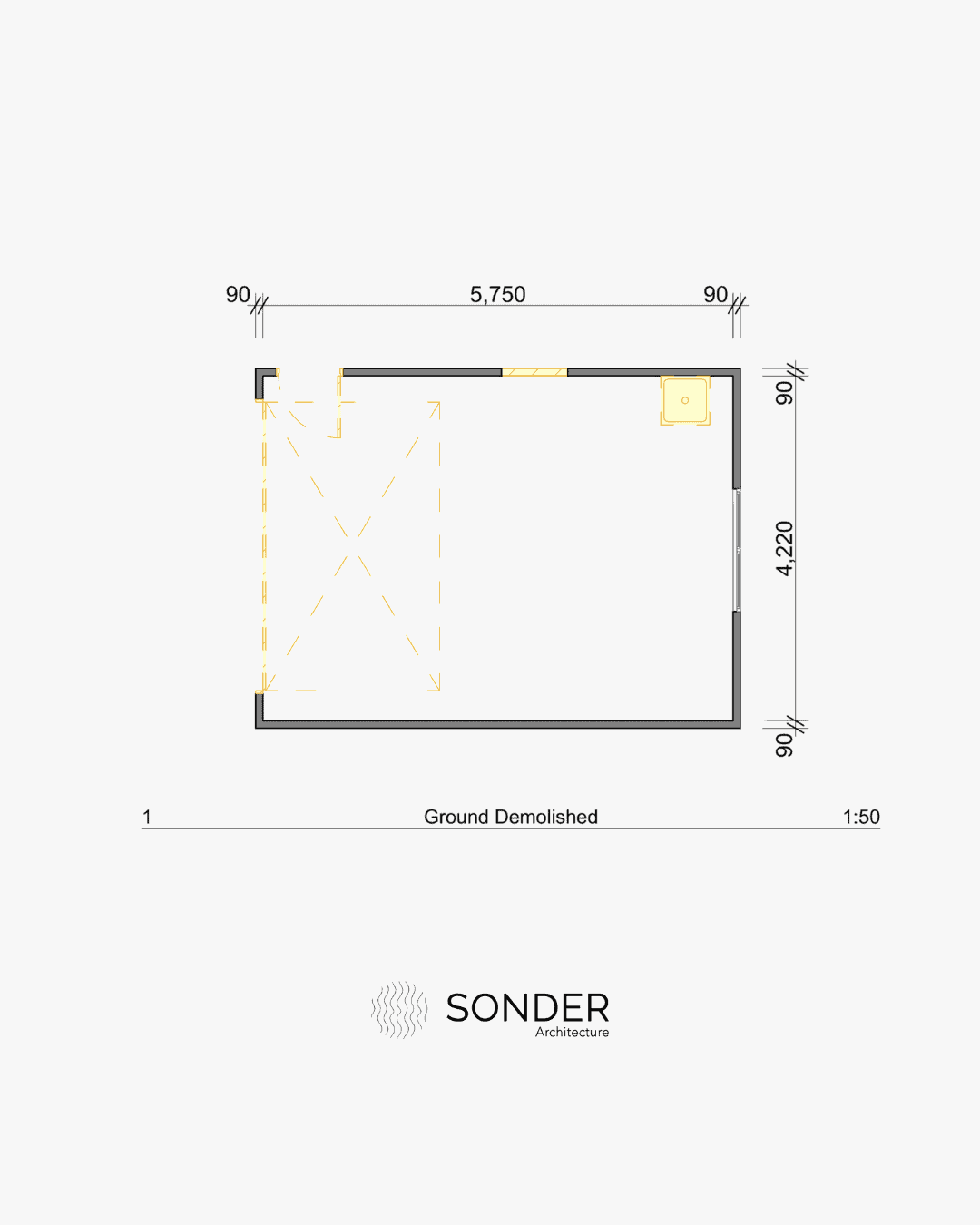 Existing floor plan of a standalone double garage, demolition marked in yellow