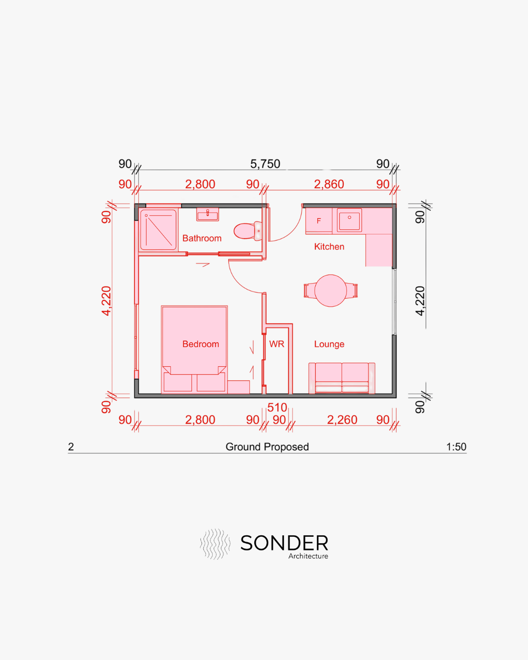 Proposed self-contained unit in red with a bathroom, bedroom, wardrobe, kitchen and lounge