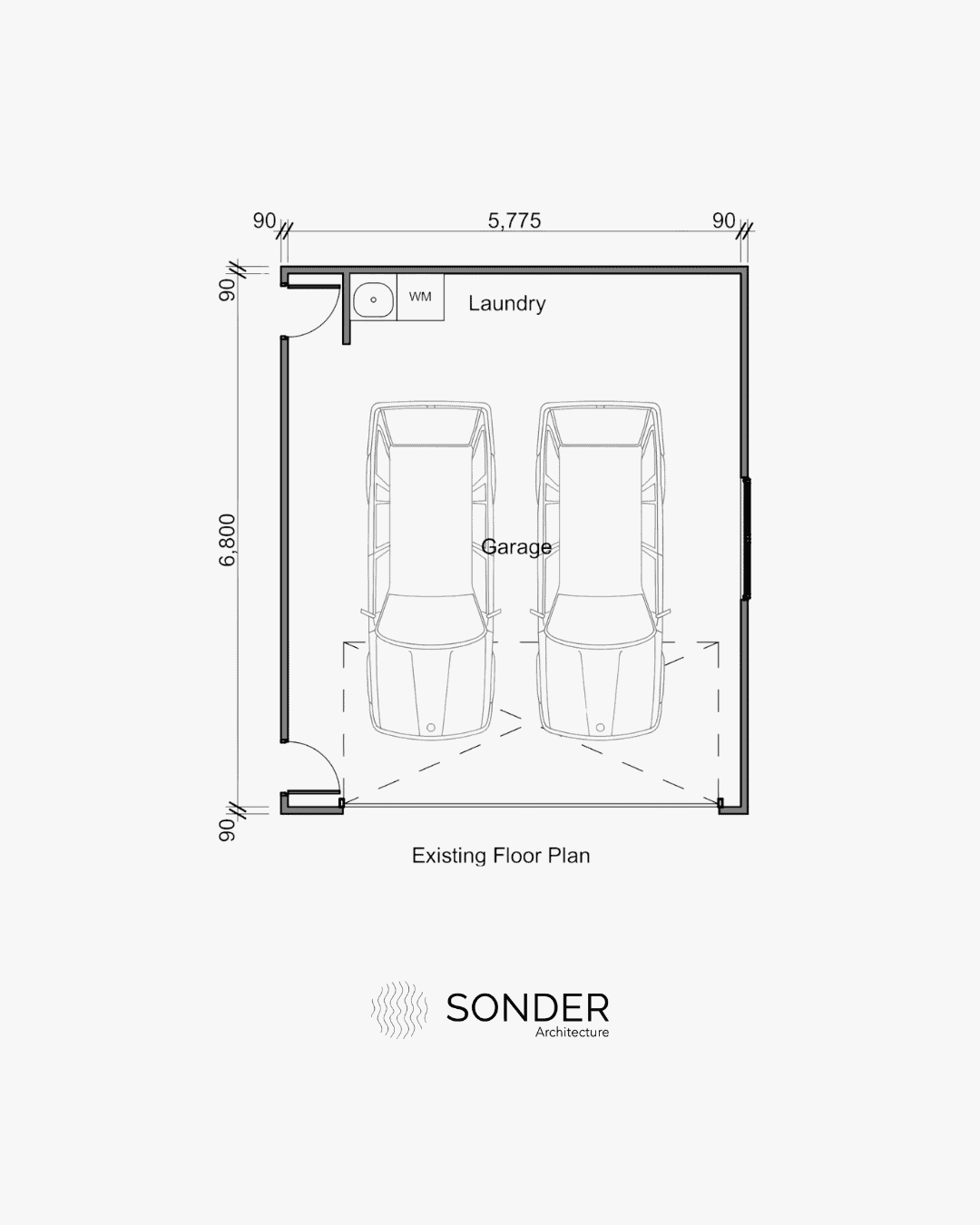 Existing floor plan of a double garage with a laundry in one corner