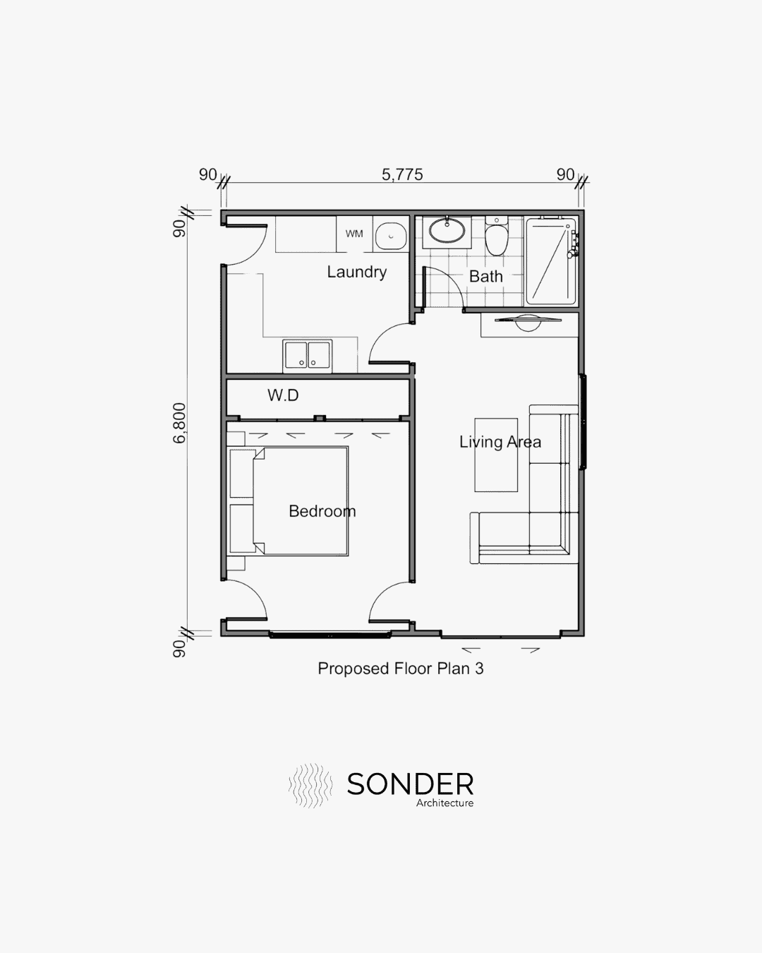 Proposed garage conversion option three, with the laundry and bathroom grouped into one wet zone
