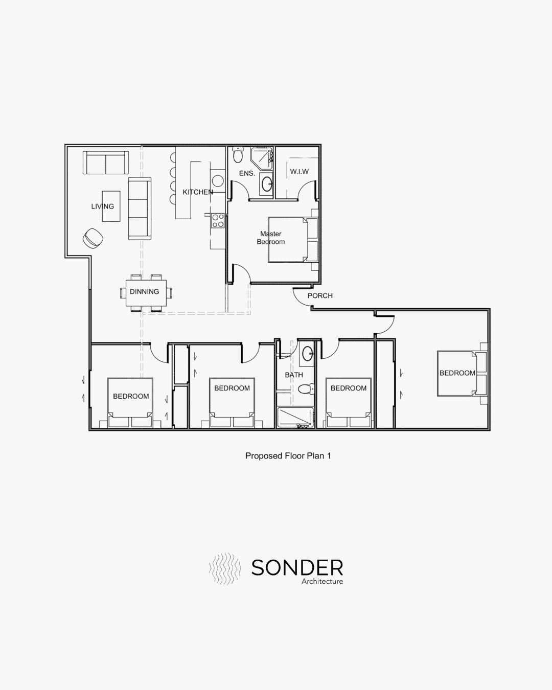 Proposed floor plan with open-plan living, dining and kitchen and a new master bedroom with ensuite and walk-in wardrobe