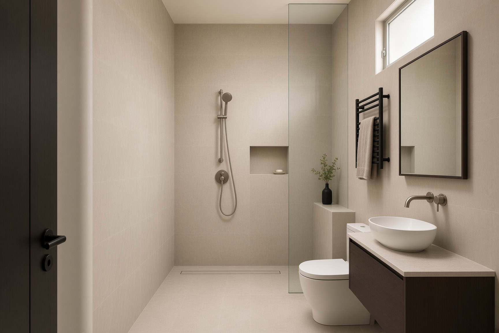 Wet room bathroom with a single glass divider between the open shower and the vanity, a linear drain, a wall niche and a heated towel rail