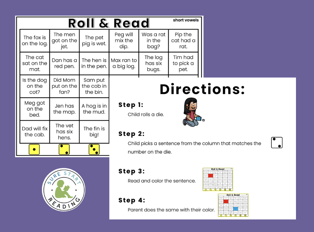 Roll and Read is a FREE phonics game you can play at home.  It gives children practice with decoding and reading fluency. 