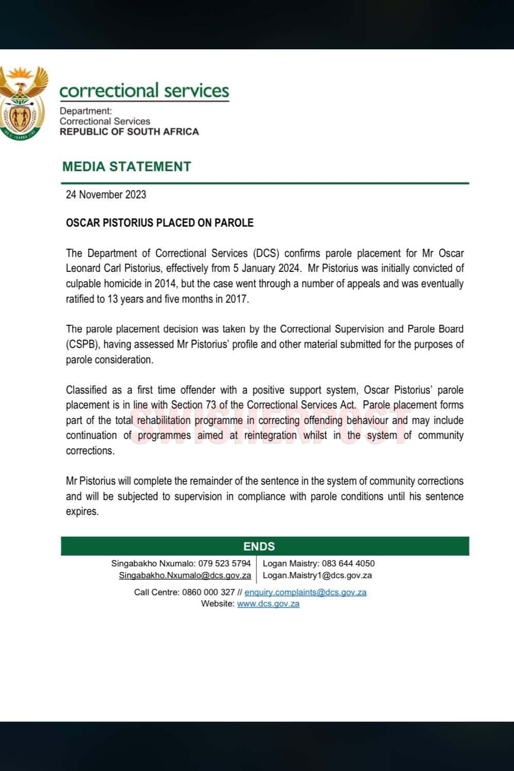 Oscar Pistorius free man parole department of correctional services statement