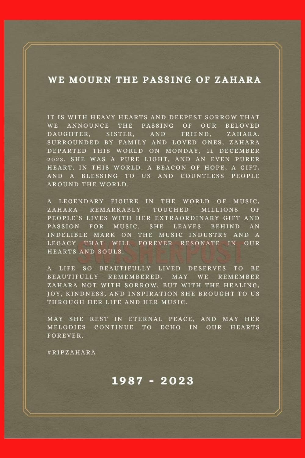 zahara funeral memorial service family statement