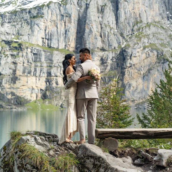 Destination Wedding Switzerland Peaceful elopement by the lake Oeaschinensee – cinematic wedding moment captured in Switzerland