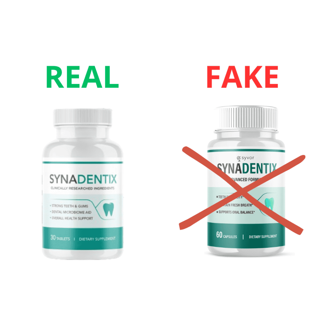 Real synadentix bottle shown next to a fake, highlighting authentic synadentix.