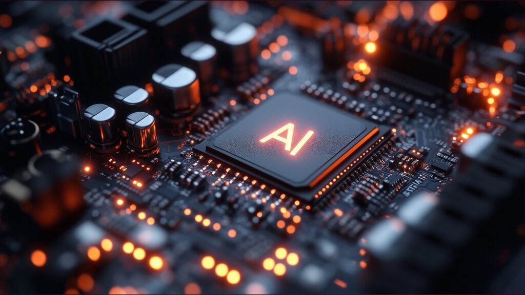 AI technology integrated into a computer motherboard, highlighting artificial intelligence innovation in hardware and computing systems.