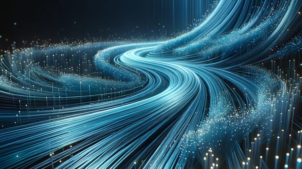 Futuristic digital data stream with flowing blue light trails and glowing particles, representing innovative technology, digital transformation, and high-tech solutions for business growth.