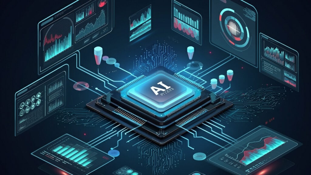 AI technology microchip with data analytics interface for digital innovation and cybersecurity.