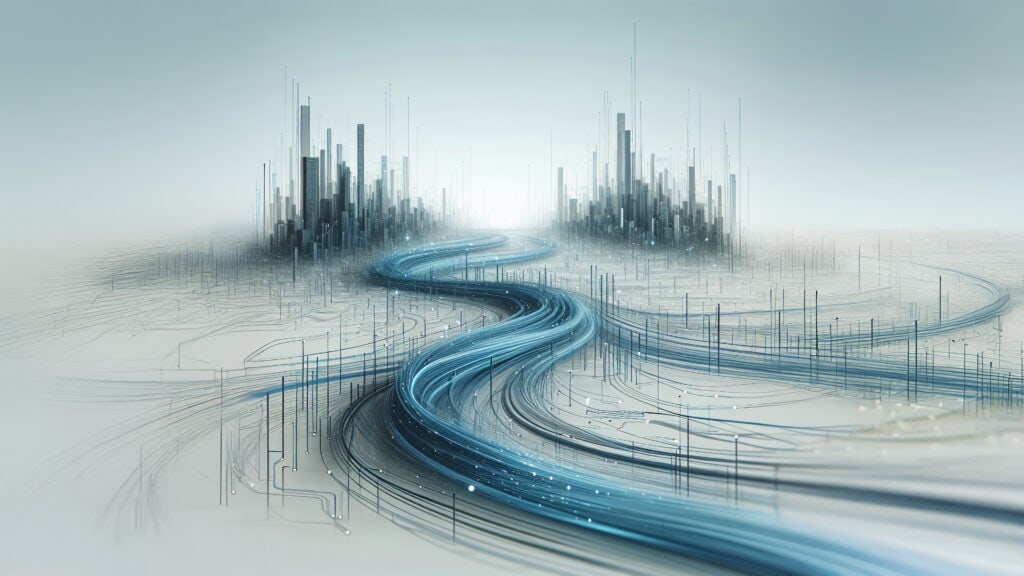 Futuristic digital cityscape with glowing highways and high-rise buildings representing innovative technology and smart infrastructure development.