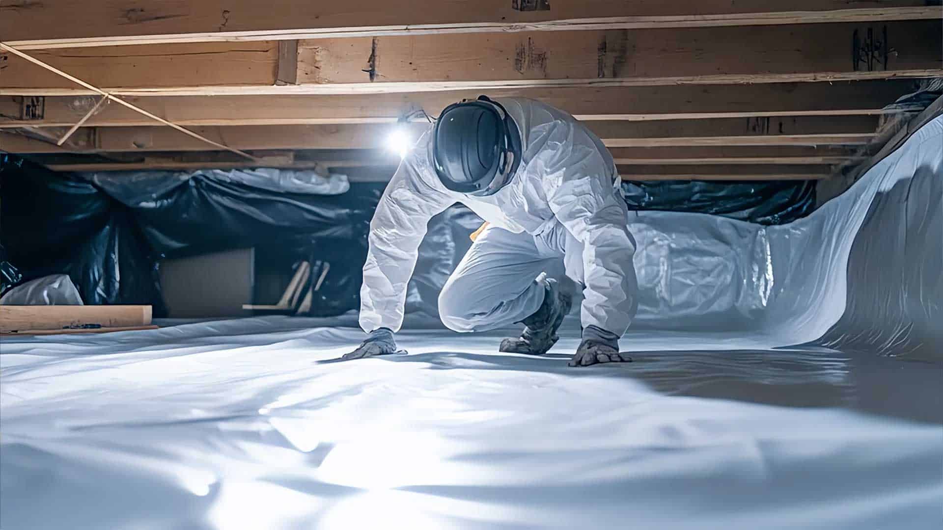 Flexible waterproofing membrane installation by construction worker in a residential building attic with safety gear.