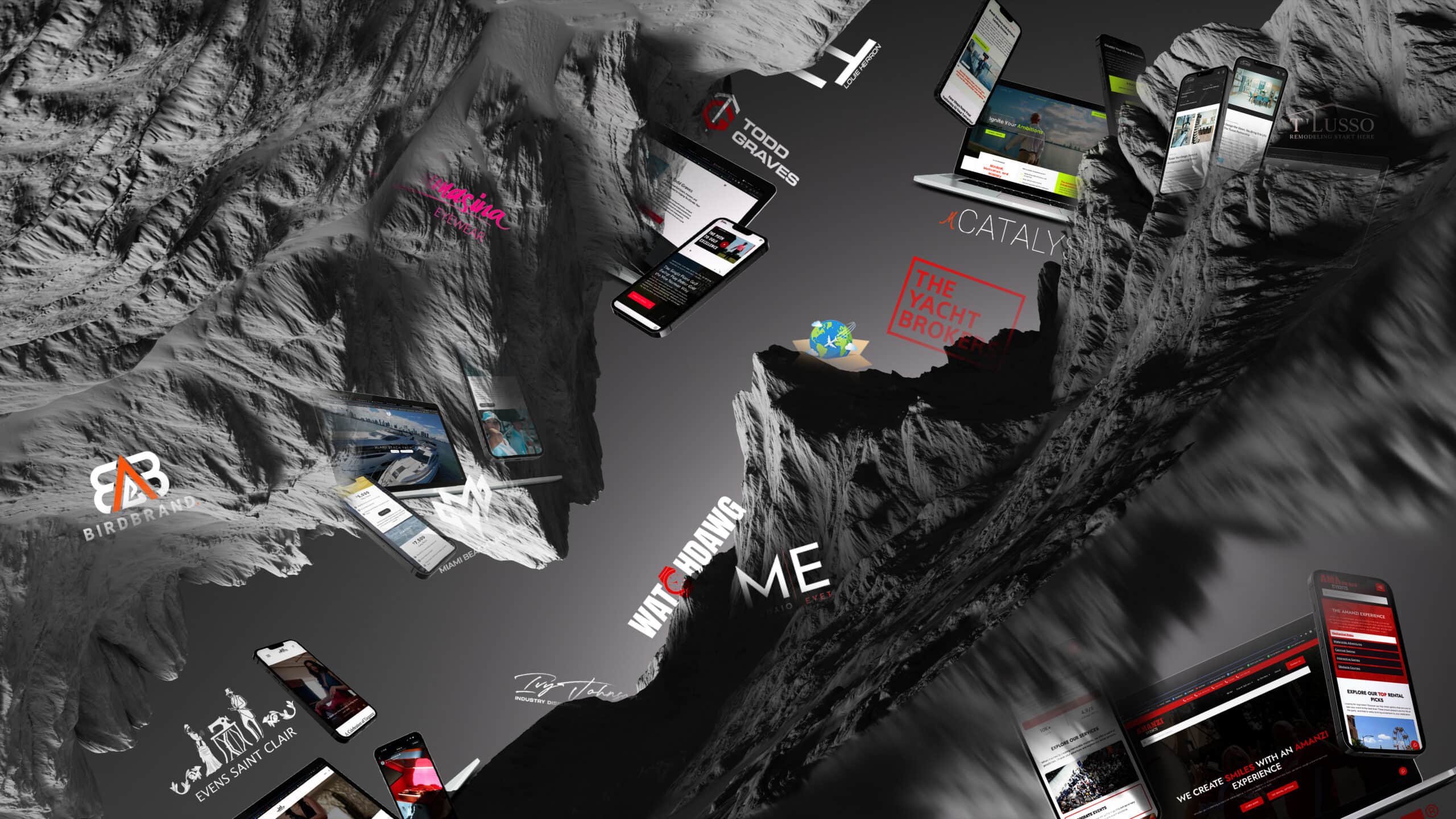 Innovative digital marketing solutions by Syslo Ventures, showcasing web design, mobile apps, and branding expertise with dynamic visuals of devices and project logos.