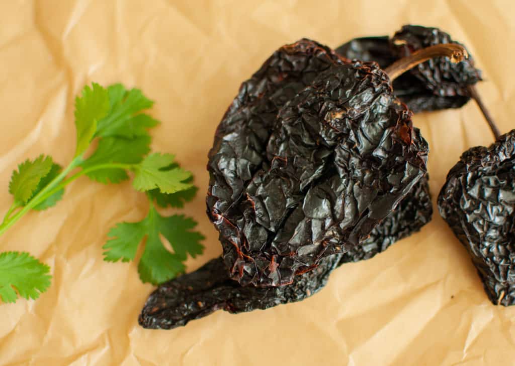 Whole dried ancho pepper with cilantro on parchment paper
