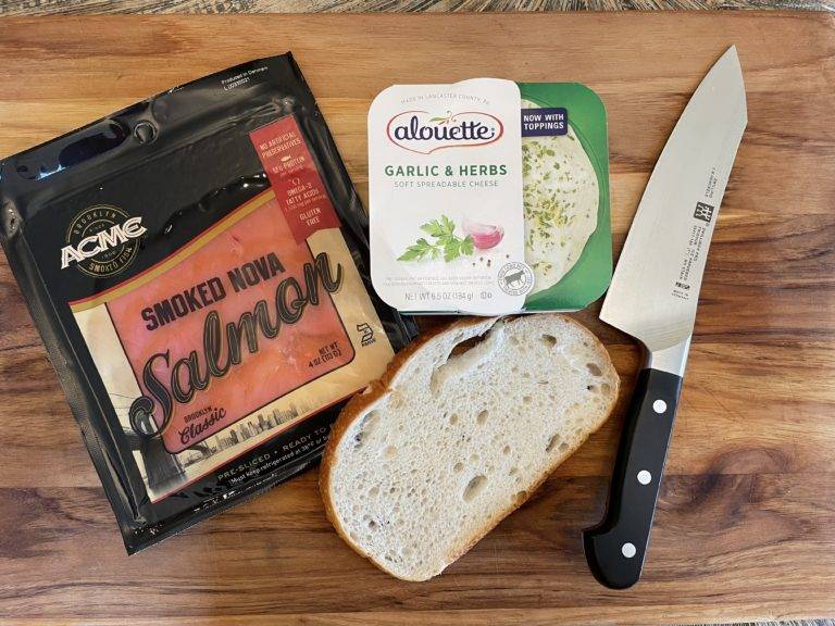 Ingredients for smoked salmon toast: sourdough, smoked salmon, Alouette cheese, butter, dill