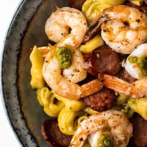 Shrimp & Andouille on Pesto Tortellini