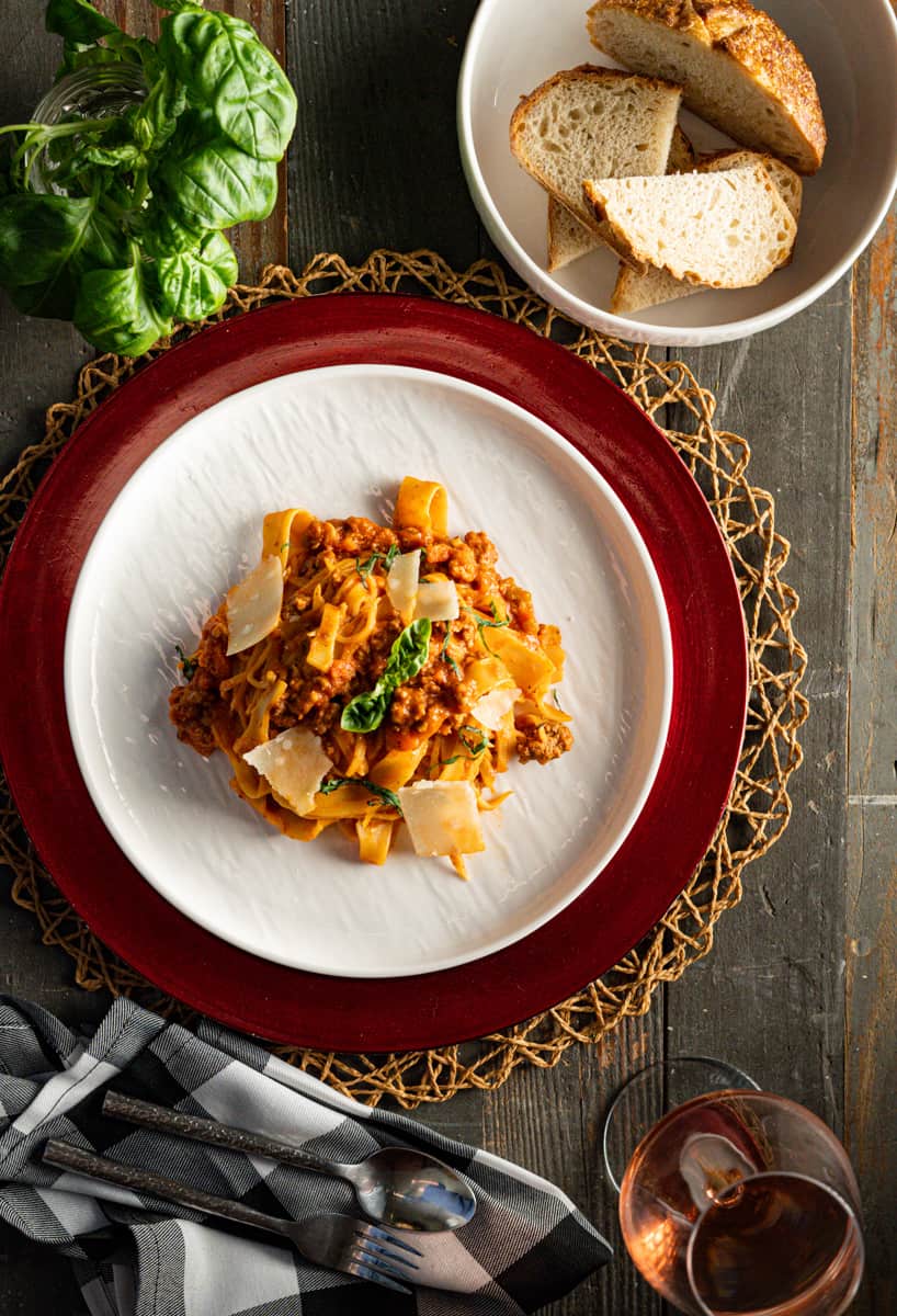 Pasta Bolognese with Bread & Wine