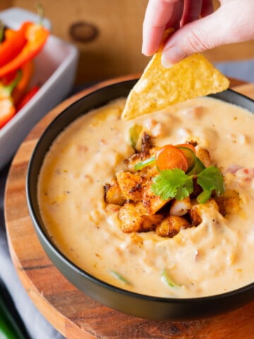 Spicy Shrimp Queso in a bowl