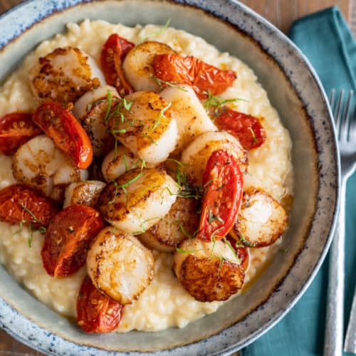 Seared Scallops on Truffle Risotto in a Bowl on a Table
