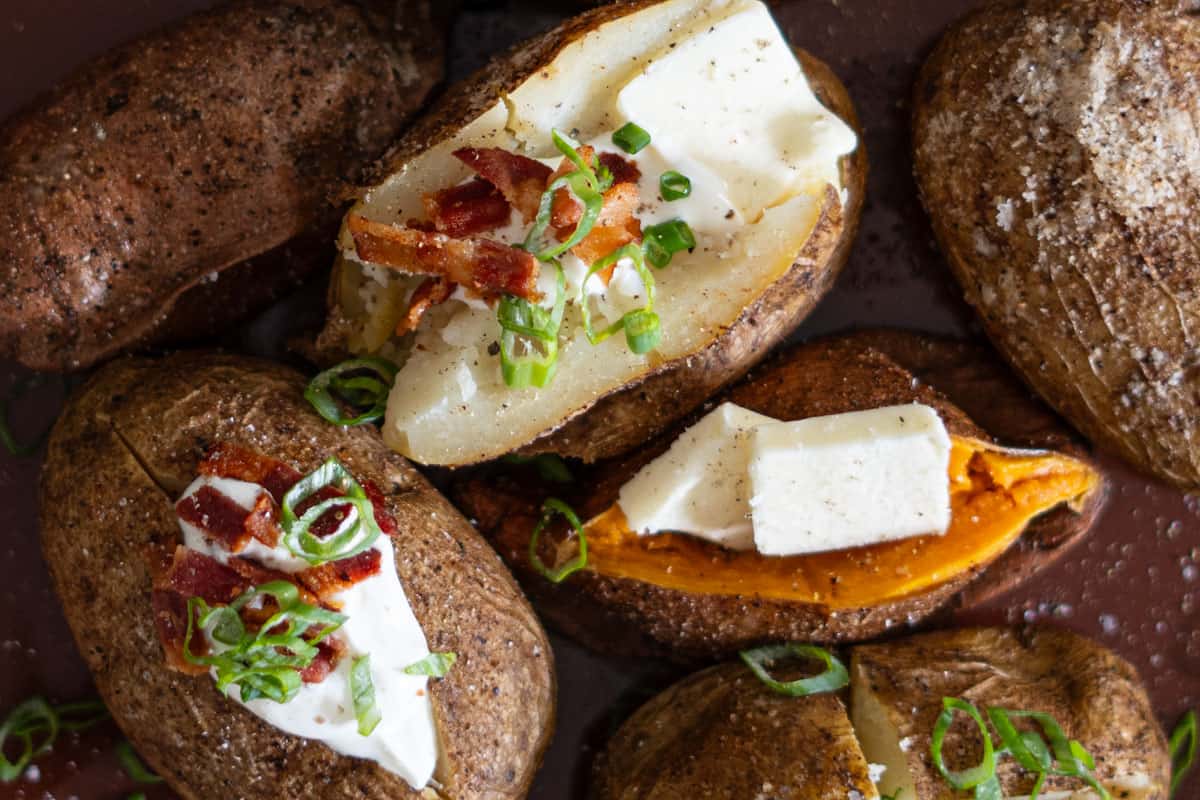 Toppings spread for loaded smoked baked potatoes