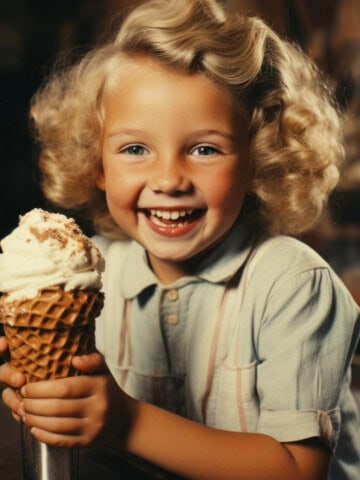 Smiling girl with curly blonde hair holding ice cream cone.
