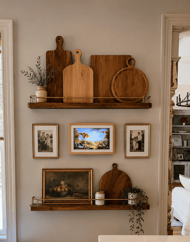 Wall shelves with brass gallery rails displaying a collection of wooden charcuterie and cutting boards alongside framed family photos and plants