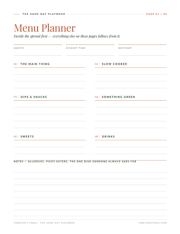 Menu Planner page from the free Game Day Playbook printable by Tabetha's Table