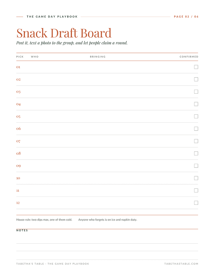 Snack Draft Board page from the free Game Day Playbook printable