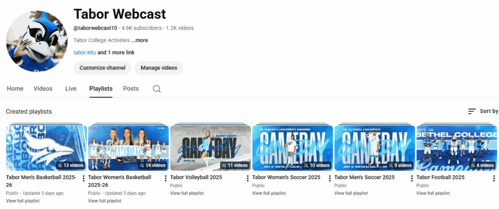 A screenshot of Tabor College's YouTube streaming channel