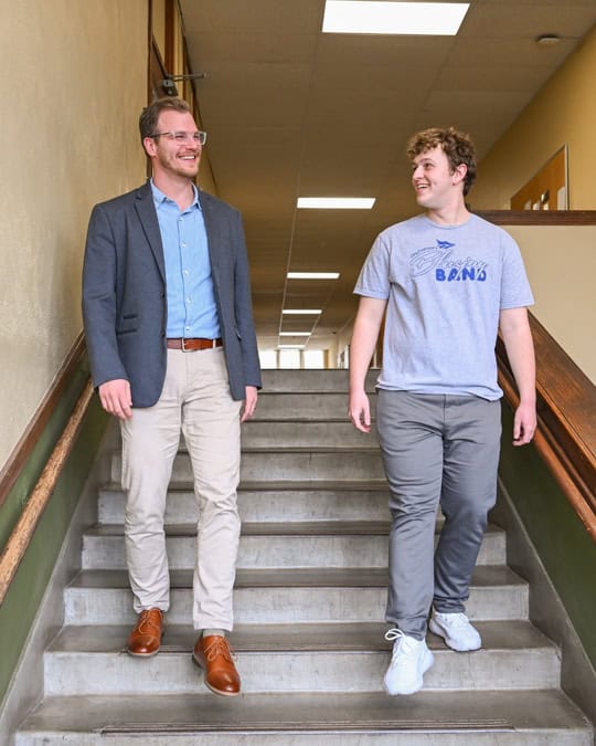Blaine Zimmerman and his professor walk and talk about his Bible major 