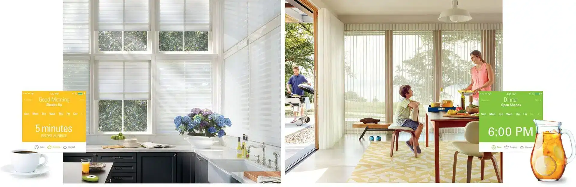 Bright kitchen with large windows, white window blinds, and fresh floral decor creating a cozy, inviting atmosphere.