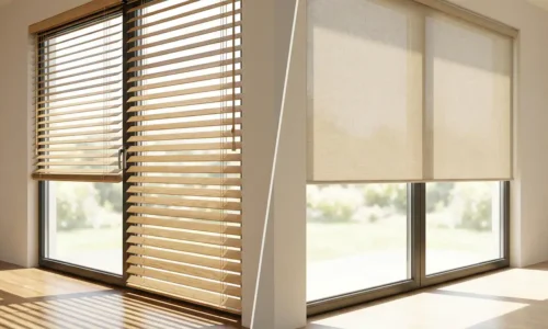 Bright sunlight filtering through wooden blinds and fabric shades in a contemporary room.