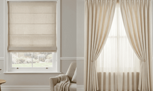 Elegant beige window blinds and curtains in a bright, airy room with classic decor.