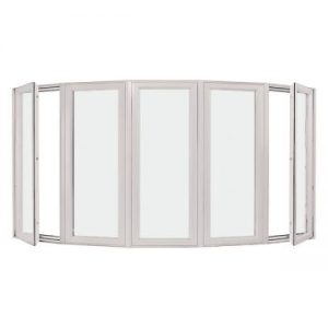 White folding patio door with multiple panels for outdoor access.
