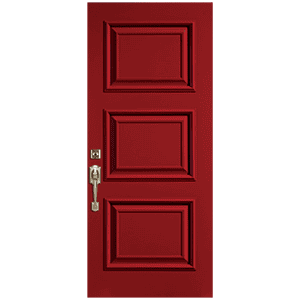Red exterior door with decorative panels and silver handle, ideal for residential or commercial entr.