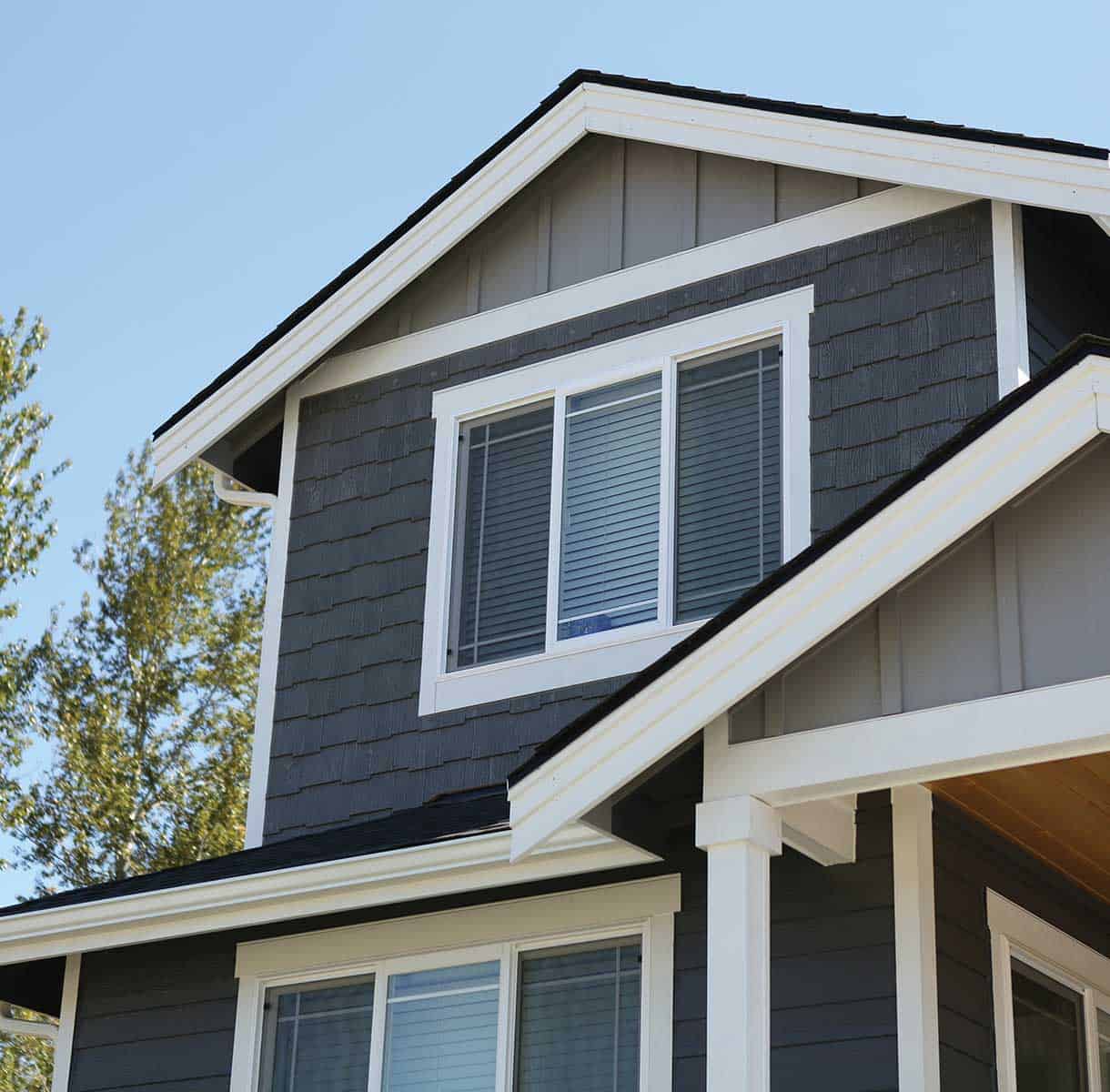 Contemporary house with black and white vinyl siding and large windows in a residential neighborhood.