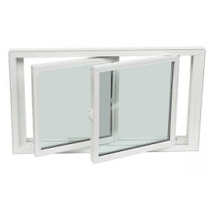 White sliding window with dual glass panes for energy efficiency and ventilation.