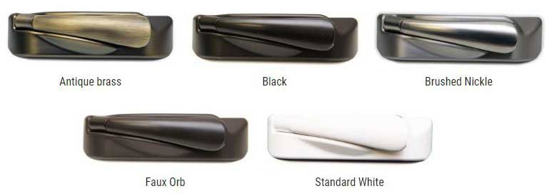 Antique brass, black, brushed nickel, faux orb, and standard white door handles for Tamar Building P.