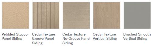 Pebbled stucco panel siding with cedar texture and smooth vertical siding options for building exter.