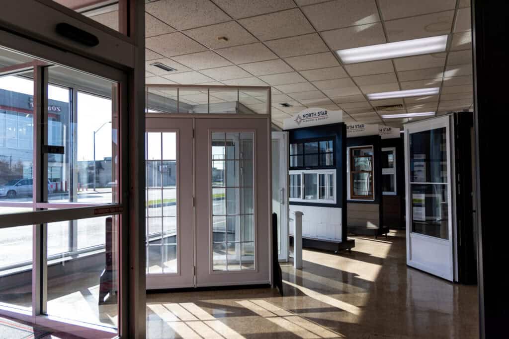 Showroom display of various window and door products at Tamar Building Products.