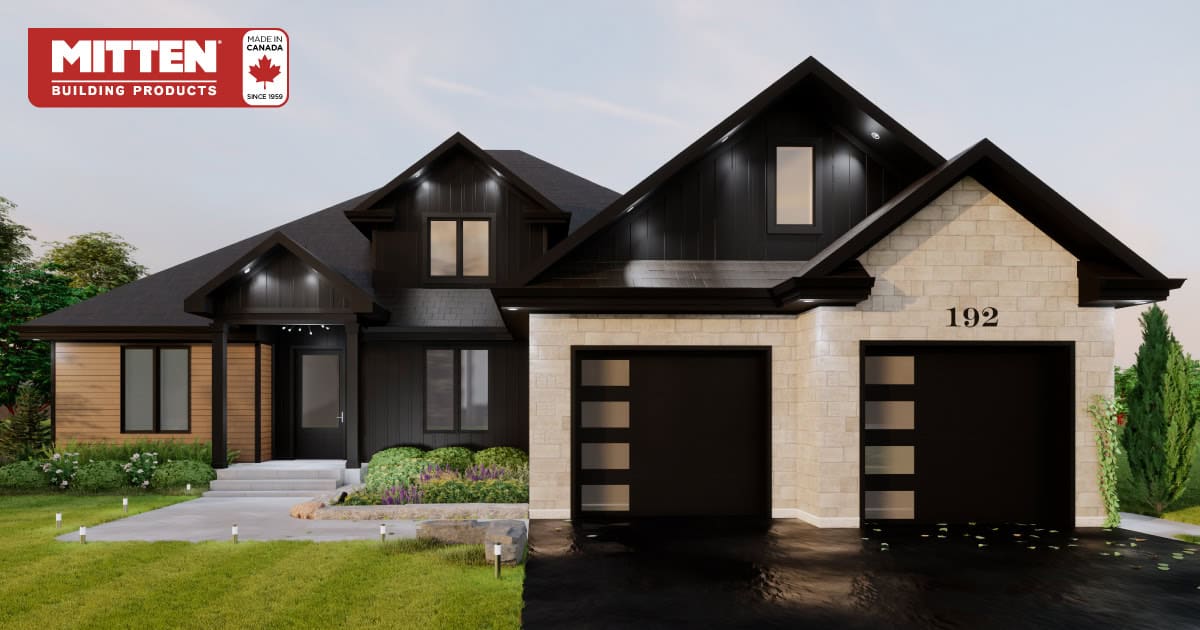 Black and beige modern house exterior with garage, landscaped yard, and contemporary design.