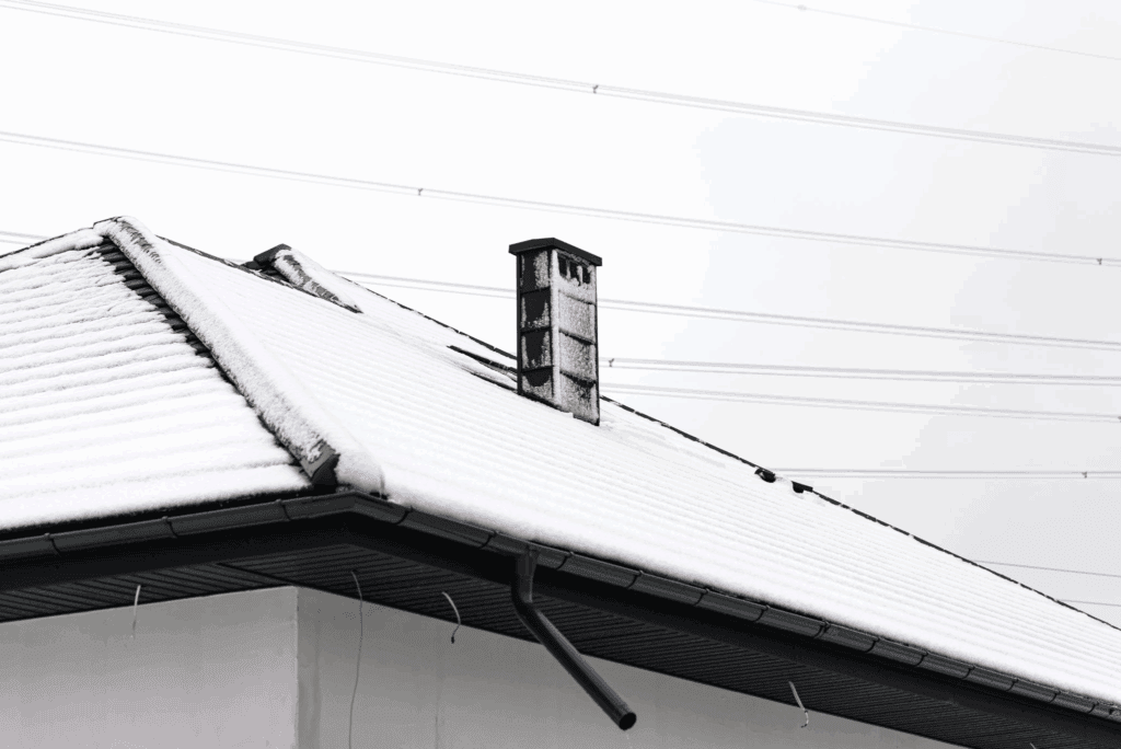 Snow-covered roof with chimney and power lines in the background, showcasing building materials and.