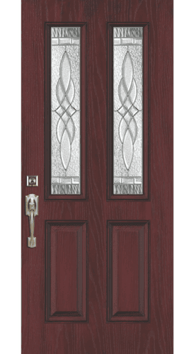 Front door with decorative glass panels and a rich red finish, showcasing quality building products.