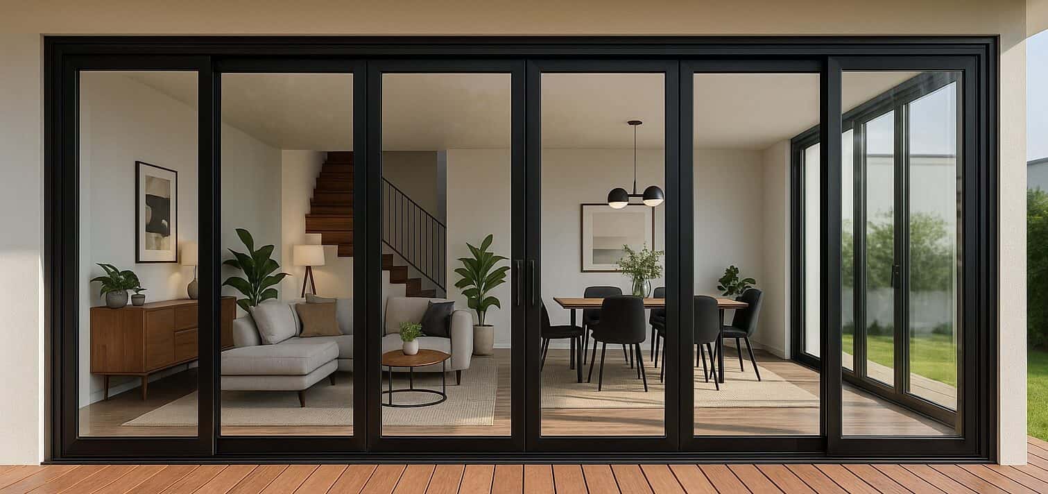 Sunroom with large glass sliding doors and contemporary interior design.