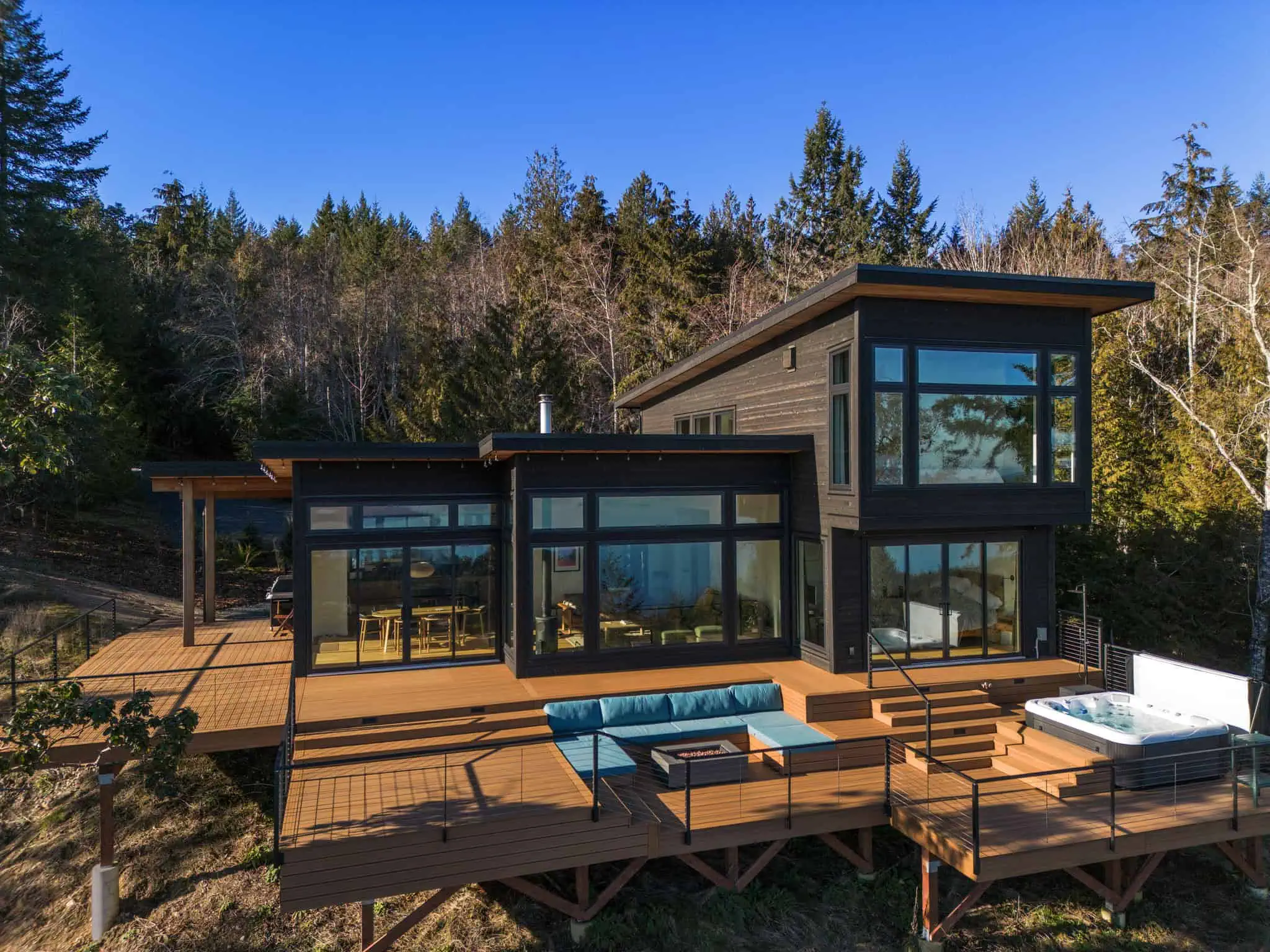 Timber frame deck with hot tub overlooking Hood Canal