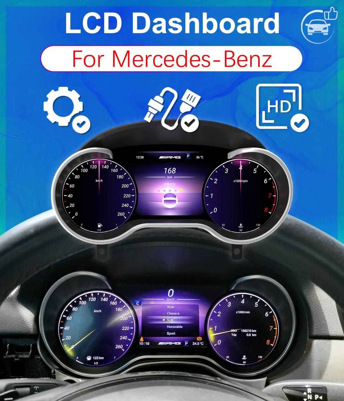 Benz instrument panel 12.3 LCD for GLA CLA: Premium Intelligent Digital Speed Display HD Dashboard Replacement. High-Resolution Modern Upgrade for Mercedes.