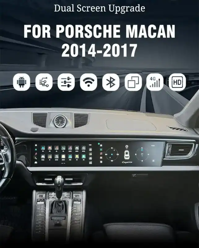 Porsche Cayenne dual screen 12.3 HD Android player for 2014-2017 models, high-resolution passenger entertainment with seamless OEM dash integration.